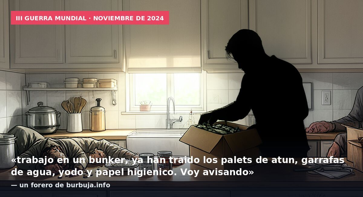 III Guerra Mundial · noviembre de 2024: «trabajo en un bunker, ya han traido los palets de atun, garrafas de agua, yodo y papel higienico. Voy avisando» — un forero de burbuja.info