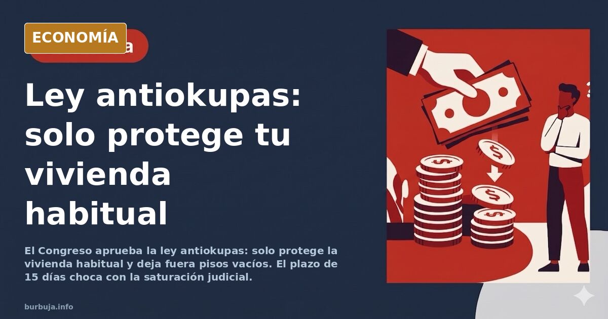 Ilustración editorial de un edificio de viviendas con una puerta entreabierta y una balanza de la justicia en la fachada