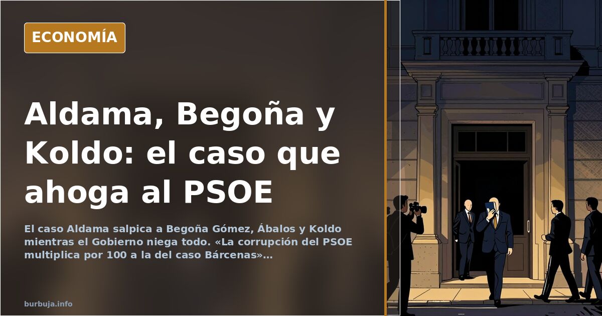 Ilustración editorial sobre el caso Aldama y la corrupción del PSOE con figuras políticas y símbolos judiciales