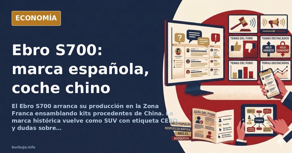 Ilustración editorial de un SUV compacto Ebro S700 saliendo de una línea de ensamblaje industrial en tonos azul marino y dora