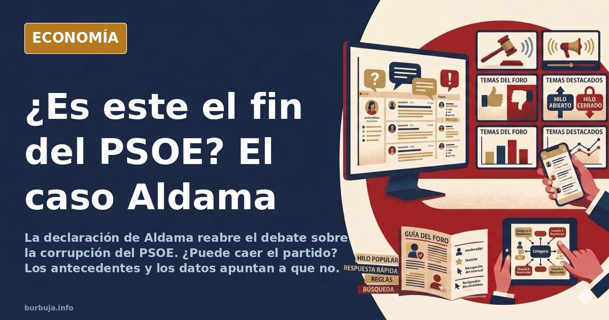 Ilustración editorial de un edificio institucional español con grietas y símbolos de corrupción política