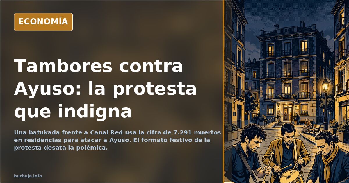 Ilustración editorial de una batukada frente a un edificio institucional con tambores y pancartas contra la gestión de reside