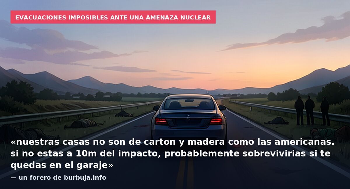Evacuaciones imposibles ante una amenaza nuclear: «nuestras casas no son de carton y madera como las americanas. si no estas a 10m del impacto, probablemente sobrevivirias si te quedas en el garaje» — un forero de burbuja.info