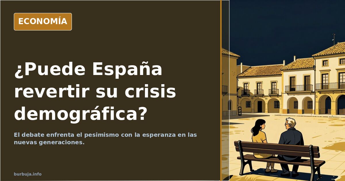 Ilustración editorial sobre la crisis demográfica en España: gráficos de población y símbolos de identidad nacional en tonos 