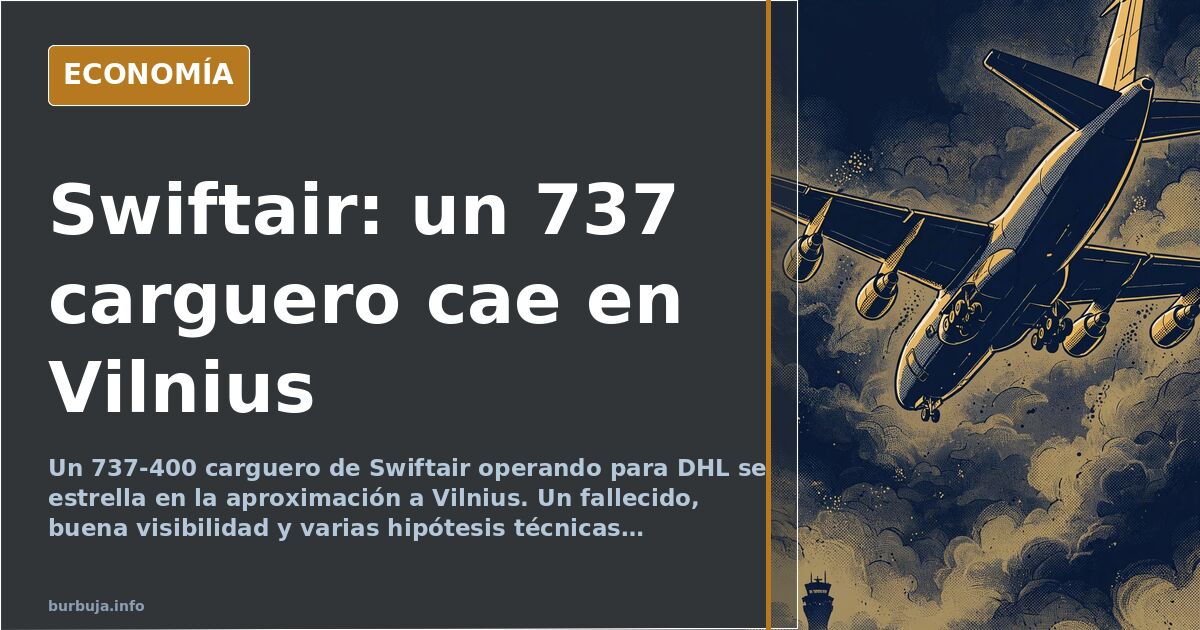 Ilustración editorial de un avión carguero 737 descendiendo en aproximación nocturna sobre Vilnius con restos en zona poblada