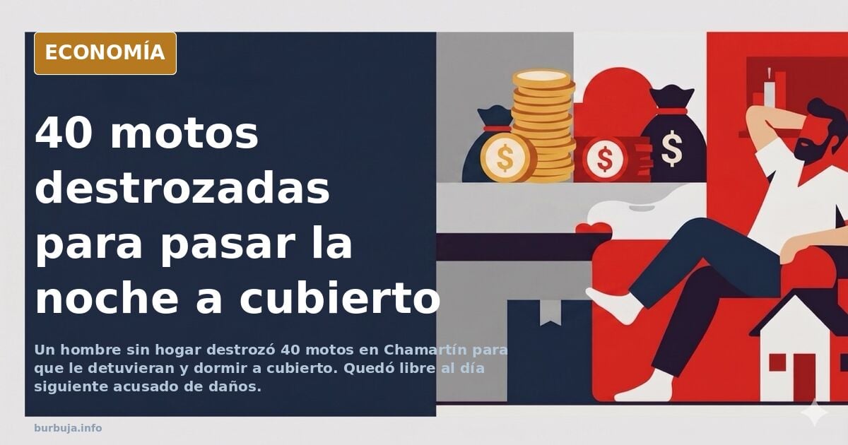 Ilustración editorial de motocicletas caídas en una plaza urbana de Madrid al amanecer, con contenedores volcados