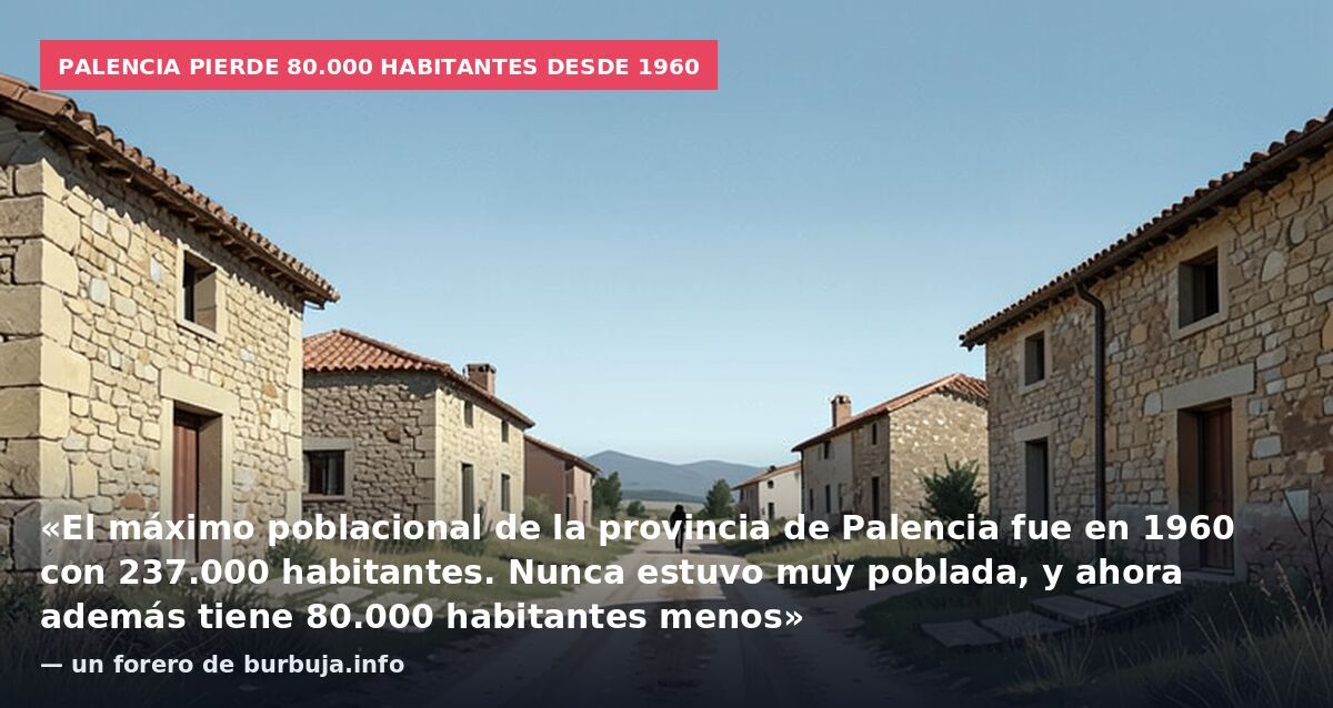 Palencia pierde 80.000 habitantes desde 1960: «El máximo poblacional de la provincia de Palencia fue en 1960 con 237.000 habitantes. Nunca estuvo muy poblada, y ahora además tiene 80.000 habitantes menos» — un forero de burbuja.info