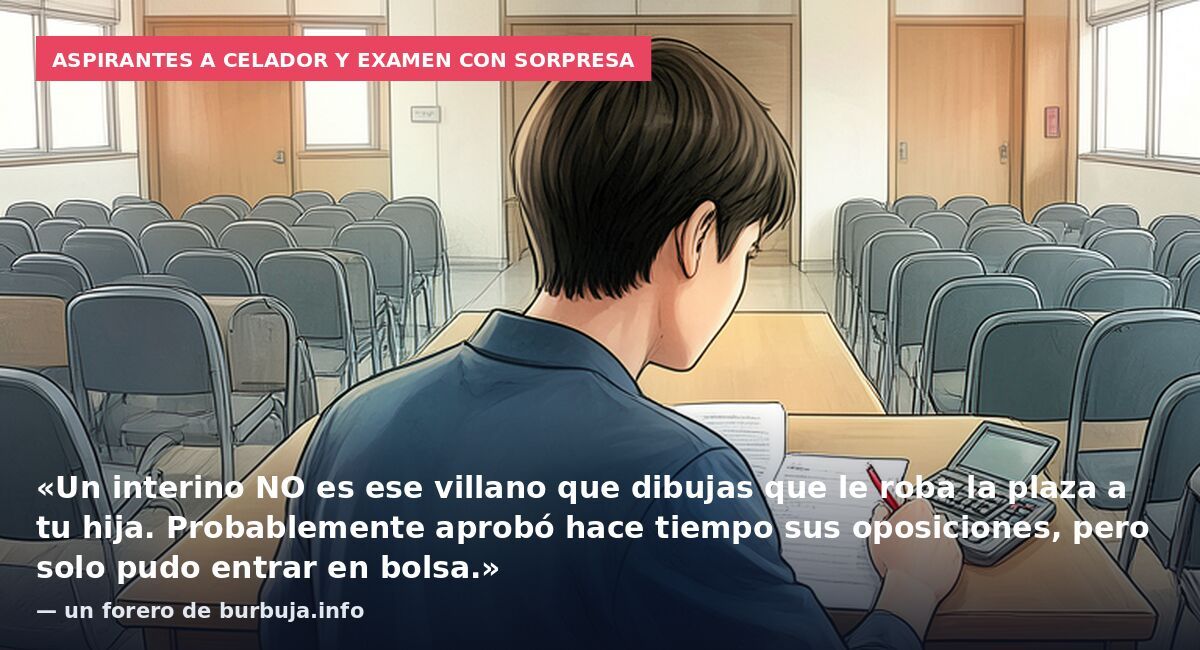 Aspirantes a celador y examen con sorpresa: «Un interino NO es ese villano que dibujas que le roba la plaza a tu hija. Probablemente aprobó hace tiempo sus oposiciones, pero solo pudo entrar en bolsa.» — un forero de burbuja.info