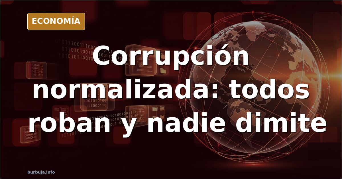 Ilustración editorial de un edificio institucional español con grietas doradas y billetes asomando entre los sillares