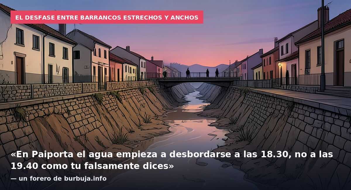 El desfase entre barrancos estrechos y anchos: «En Paiporta el agua empieza a desbordarse a las 18.30, no a las 19.40 como tu falsamente dices» — un forero de burbuja.info