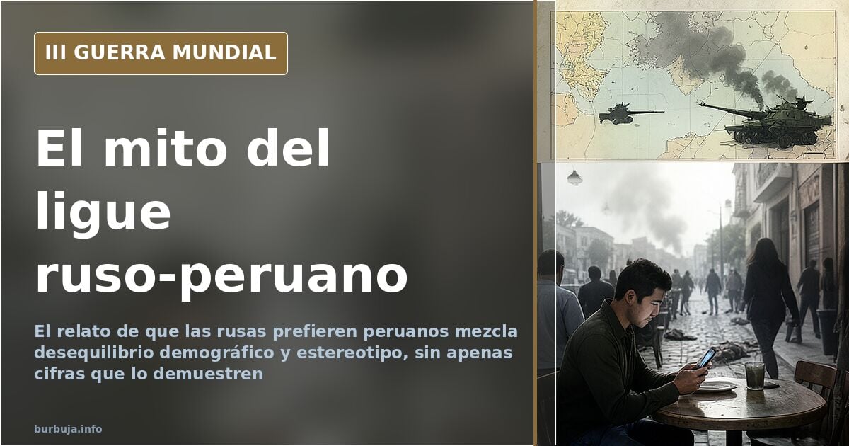 Ciudad rusa desaturada al fondo y un mapa con flechas de migración entre Europa del Este y América Latina