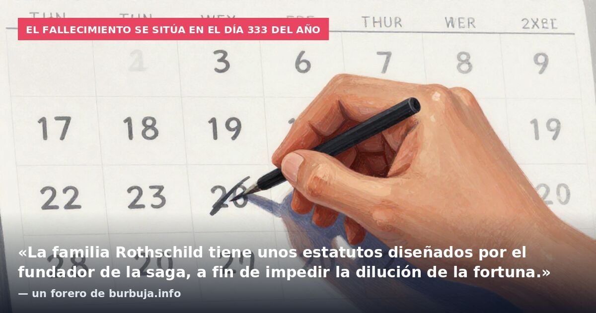 El fallecimiento se sitúa en el día 333 del año: «La familia Rothschild tiene unos estatutos diseñados por el fundador de la saga, a fin de impedir la dilución de la fortuna.» — un forero de burbuja.info