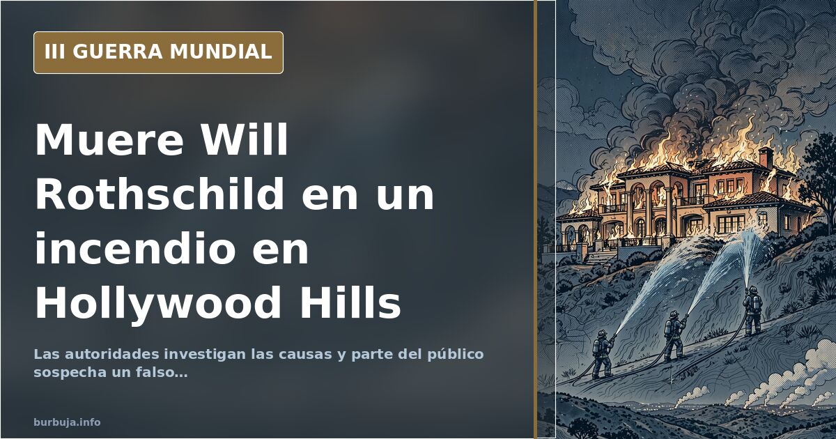 Vista nocturna de una casa en las colinas de Hollywood con humo elevándose sobre la ciudad