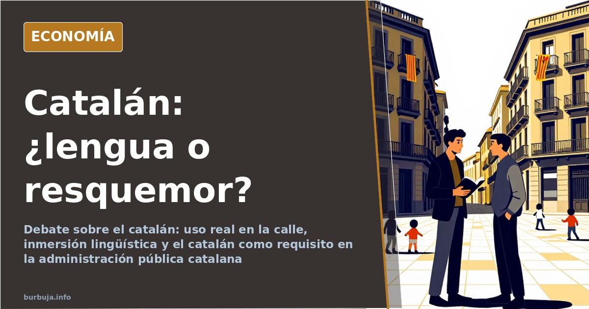 Ilustración editorial de un mapa de Cataluña con libros abiertos y siluetas de hablantes en tonos azul marino y dorado