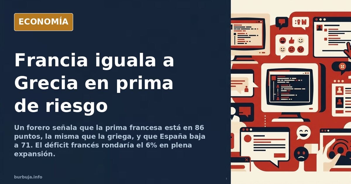 Gráfico editorial de la prima de riesgo de Francia, Grecia y España con líneas doradas sobre fondo azul marino