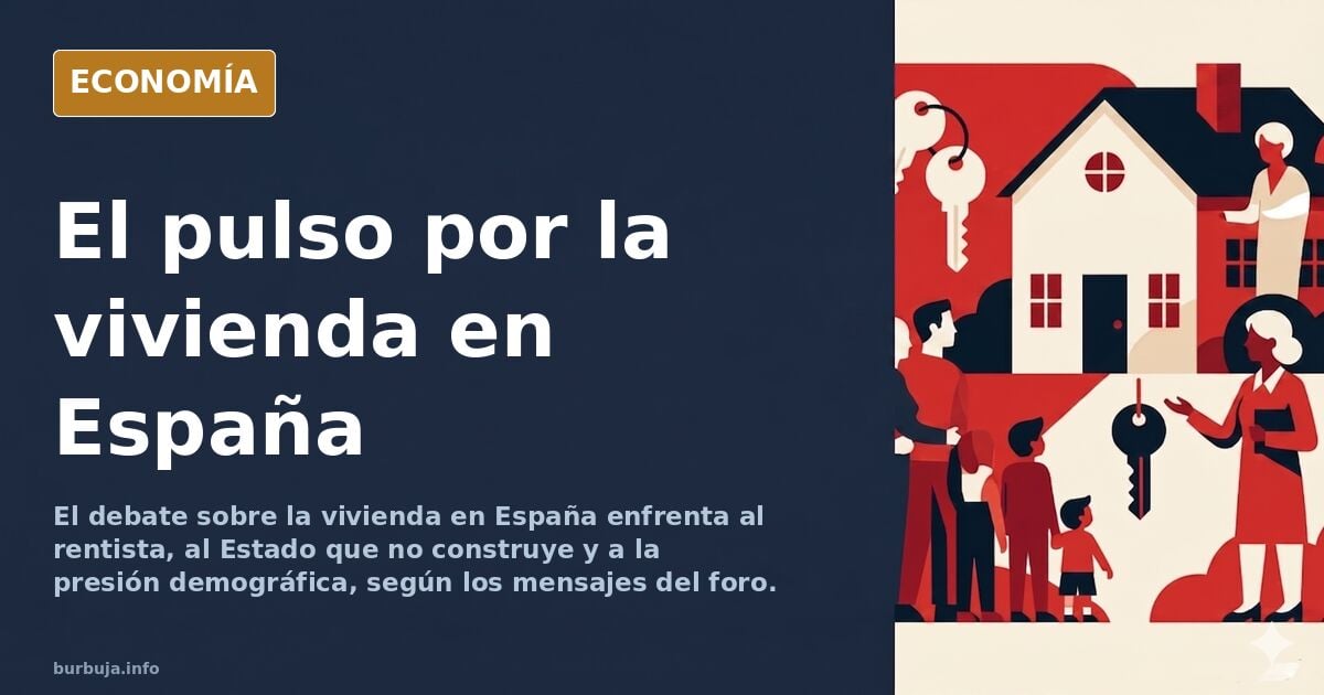Ilustración editorial de edificios apilados y ventanas iluminadas que representa el debate sobre la vivienda asequible en Esp