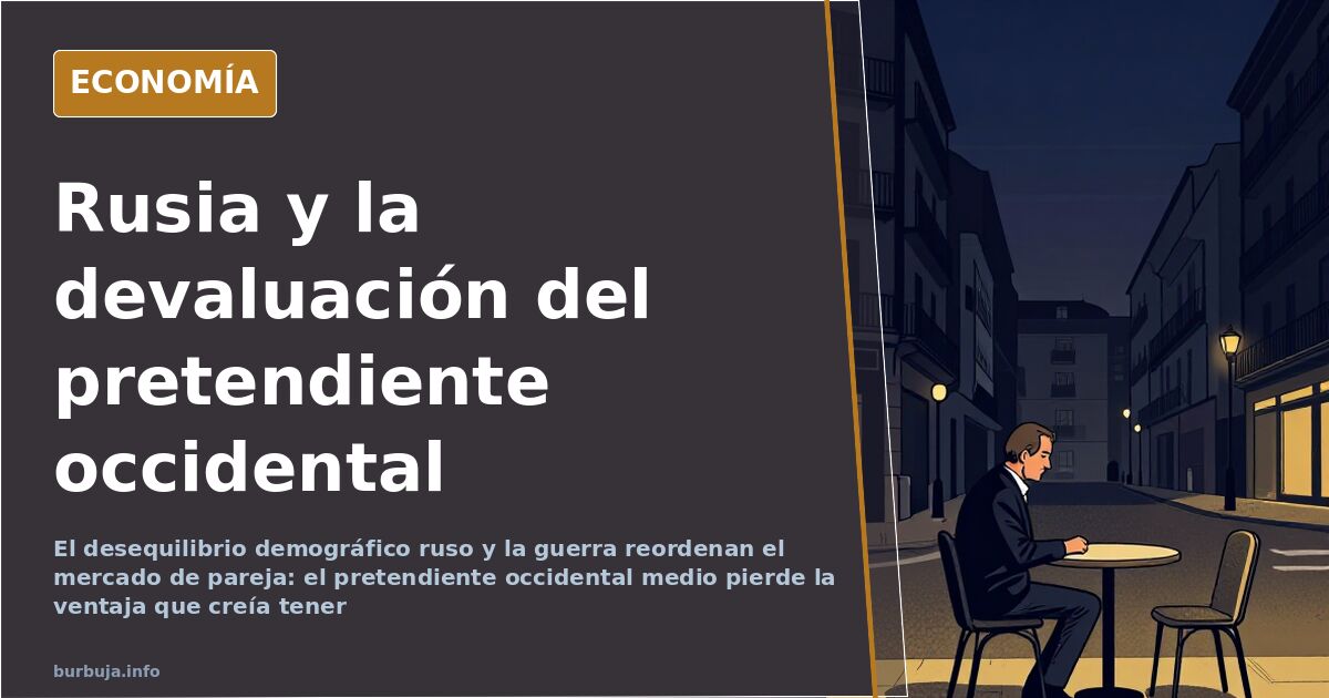 Ilustración editorial sobria en azul marino y dorado que representa el desequilibrio demográfico y el mercado de pareja en Ru