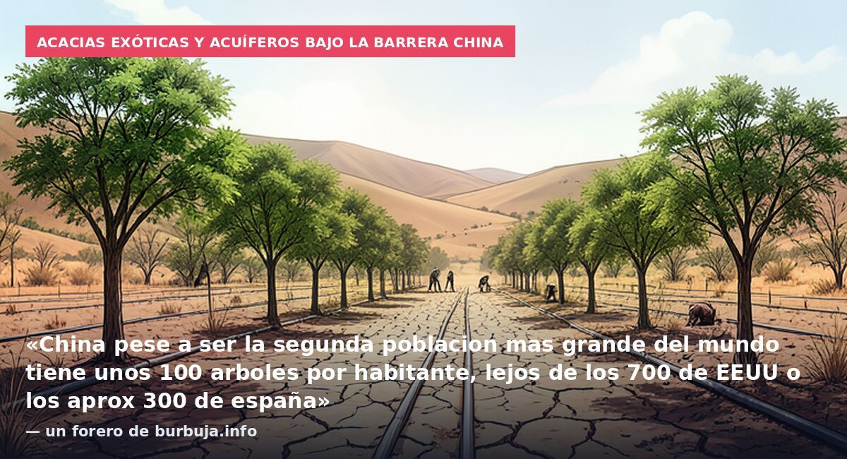 Acacias exóticas y acuíferos bajo la barrera china: «China pese a ser la segunda poblacion mas grande del mundo tiene unos 100 arboles por habitante, lejos de los 700 de EEUU o los aprox 300 de españa» — un forero de burbuja.info