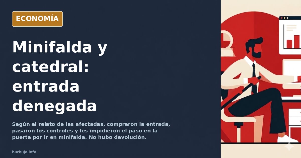Ilustración editorial de una catedral con dos figuras femeninas detenidas en la puerta por un empleado que señala su vestimen