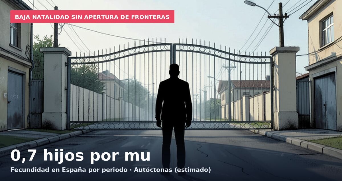 Baja natalidad sin apertura de fronteras: 0,7 hijos por mu Fecundidad en España por periodo · Autóctonas (estimado)
