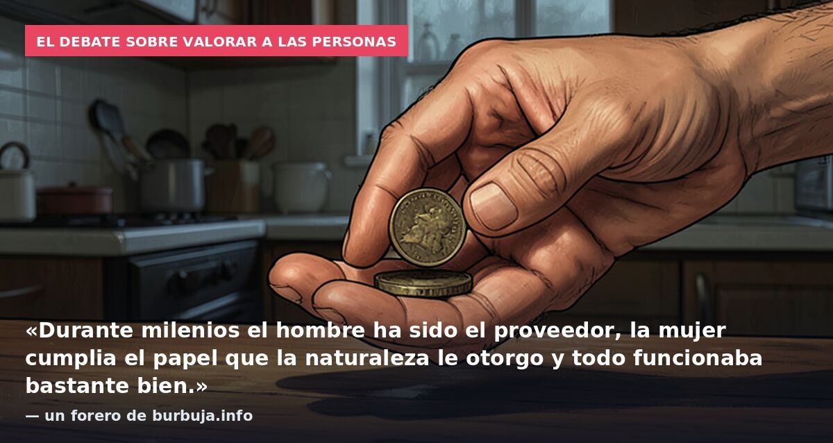 El debate sobre valorar a las personas: «Durante milenios el hombre ha sido el proveedor, la mujer cumplia el papel que la naturaleza le otorgo y todo funcionaba bastante bien.» — un forero de burbuja.info