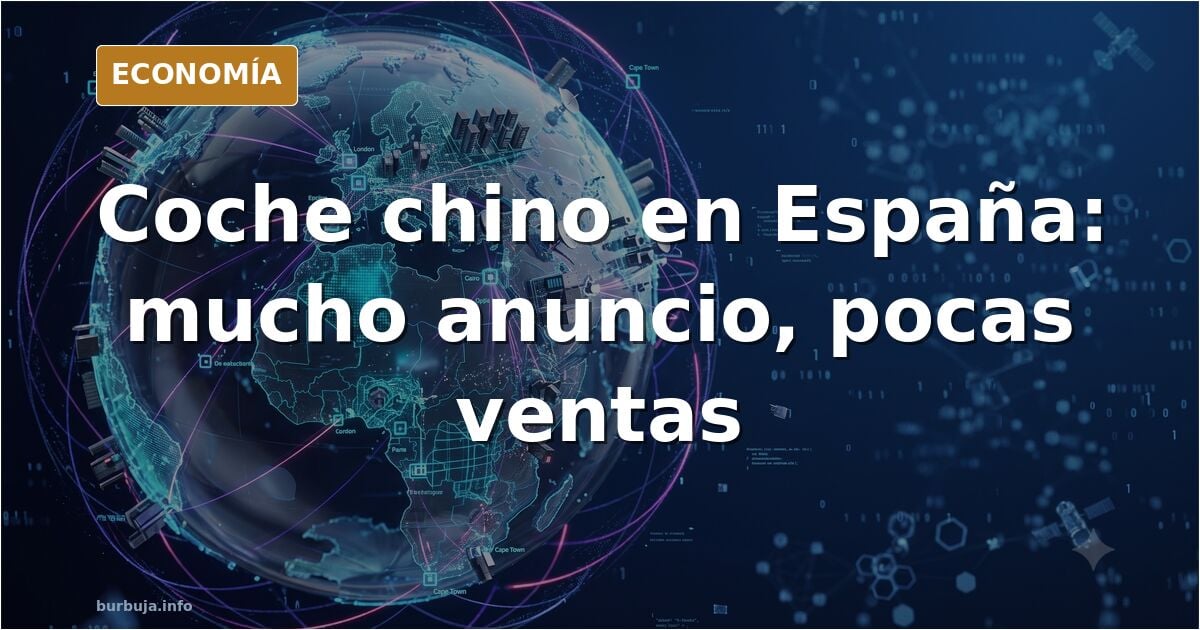 Ilustración editorial de un coche chino aparcado en una calle española vacía con concesionarios cerrados al fondo