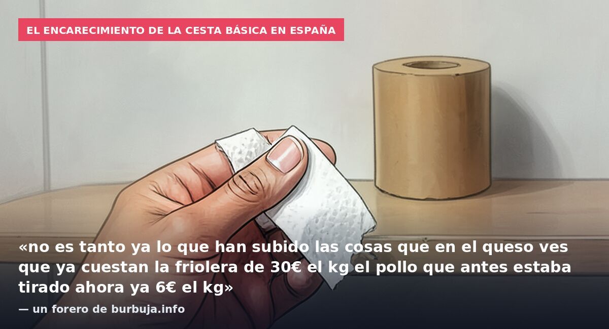 El encarecimiento de la cesta básica en España: «no es tanto ya lo que han subido las cosas que en el queso ves que ya cuestan la friolera de 30€ el kg el pollo que antes estaba tirado ahora ya 6€ el kg» — un forero de burbuja.info