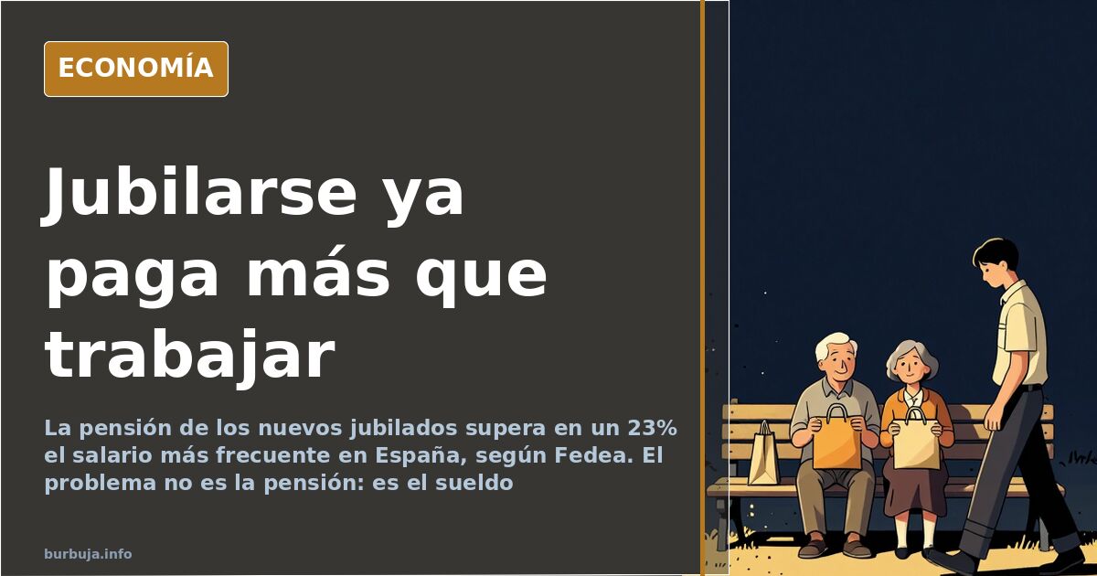 Ilustración editorial de una balanza inclinada entre una nómina y una pensión, con siluetas de trabajadores y jubilados en to