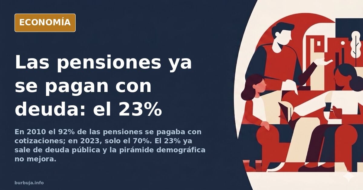 Ilustración editorial de una pirámide de población invertida sobre fondo azul marino con monedas doradas cayendo hacia la bas