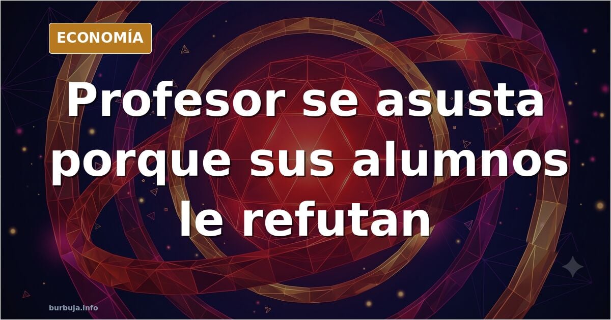 Ilustración editorial de un profesor señalando una pizarra mientras un alumno levanta la mano para refutarle en clase