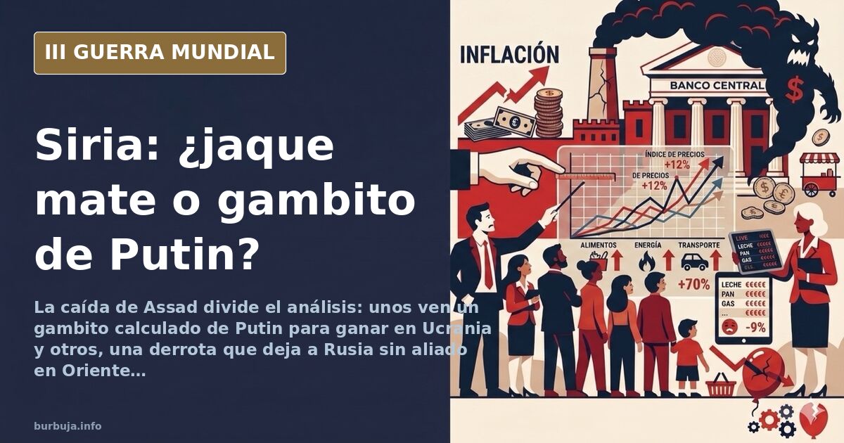 Mapa desaturado de Siria con siluetas de equipo militar ruso y humo lejano en el horizonte, ilustrando el gambito de Putin