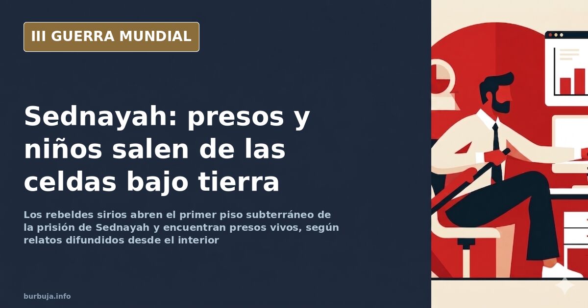 Silueta de una prisión siria en ruinas con celdas subterráneas y figuras de presos liberados saliendo a la superficie