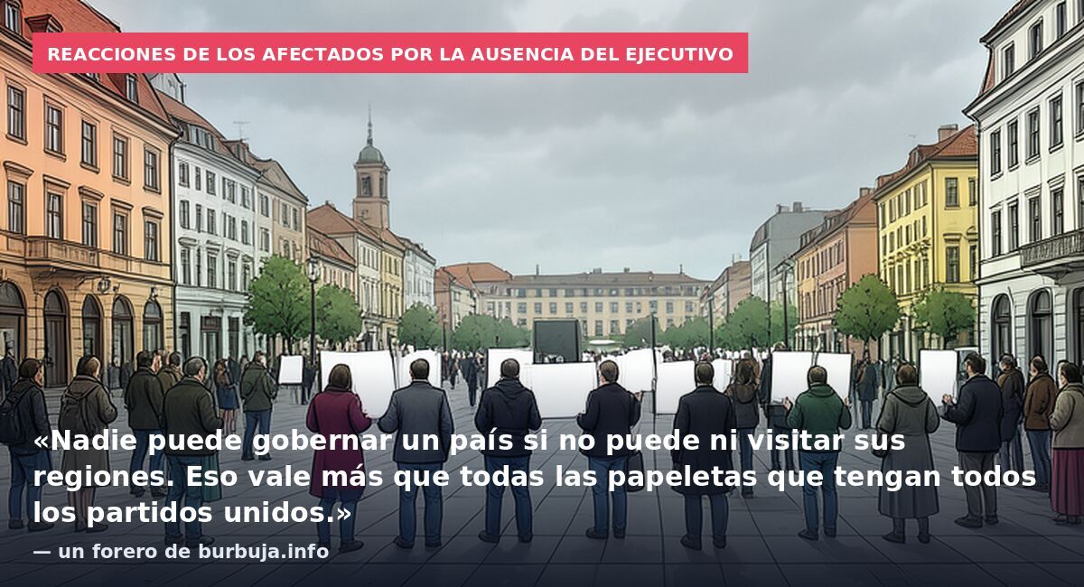 Reacciones de los afectados por la ausencia del Ejecutivo: «Nadie puede gobernar un país si no puede ni visitar sus regiones. Eso vale más que todas las papeletas que tengan todos los partidos unidos.» — un forero de burbuja.info