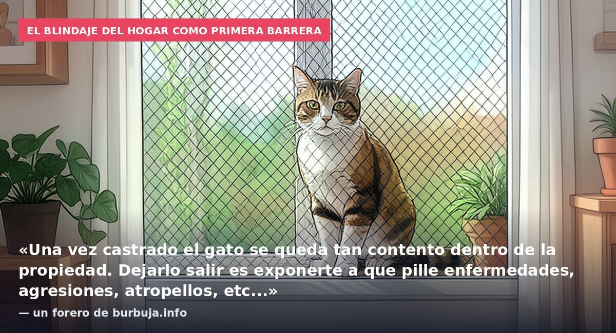 El blindaje del hogar como primera barrera: «Una vez castrado el gato se queda tan contento dentro de la propiedad. Dejarlo salir es exponerte a que pille enfermedades, agresiones, atropellos, etc...» — un forero de burbuja.info