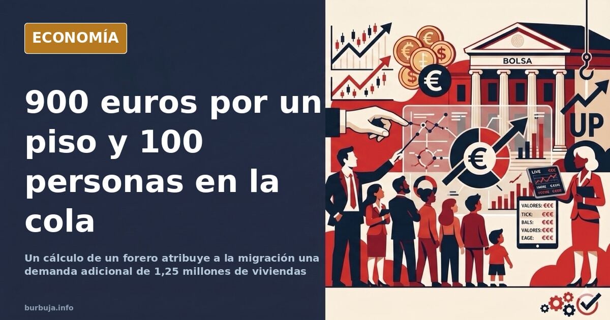 Ilustración editorial de una cola de personas esperando frente a un edificio de viviendas en una gran ciudad española