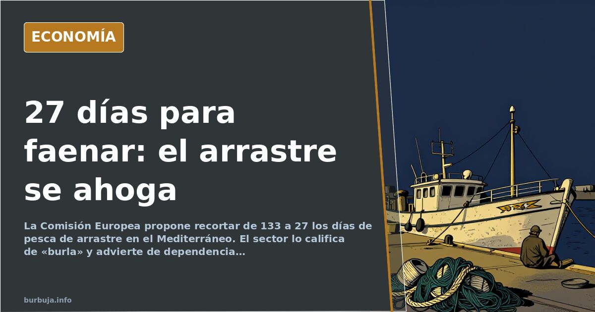 Ilustración editorial de un barco de pesca de arrastre navegando en aguas mediterráneas bajo un cielo oscuro, con redes visib
