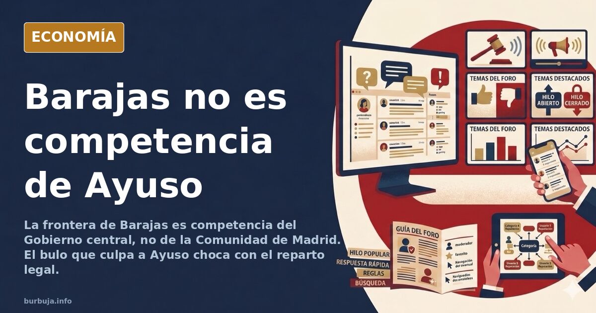 Ilustración editorial de un aeropuerto con pasajeros y un cartel de fronteras bajo competencia estatal