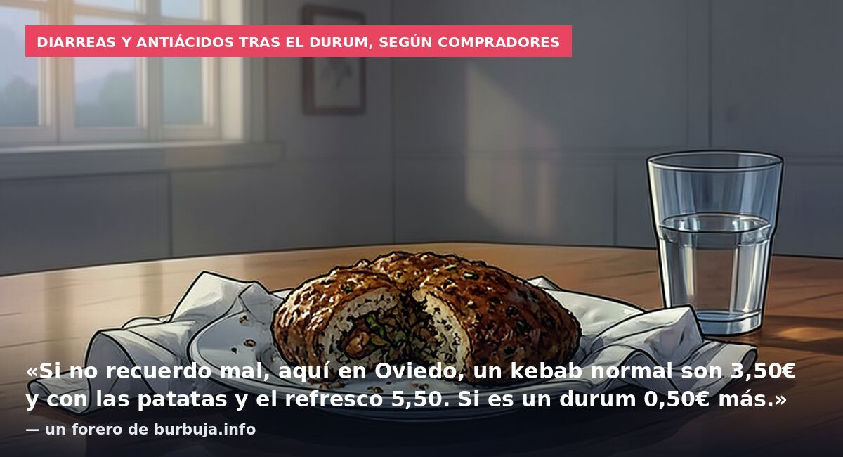 Diarreas y antiácidos tras el durum, según compradores: «Si no recuerdo mal, aquí en Oviedo, un kebab normal son 3,50€ y con las patatas y el refresco 5,50. Si es un durum 0,50€ más.» — un forero de burbuja.info