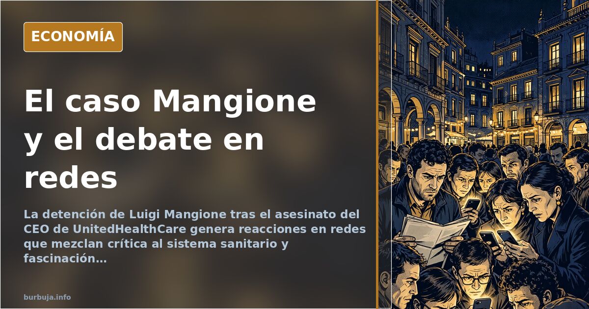 Ilustración editorial de un joven esposado con fondo de rascacielos y símbolos de justicia, representando el caso Luigi Mangi