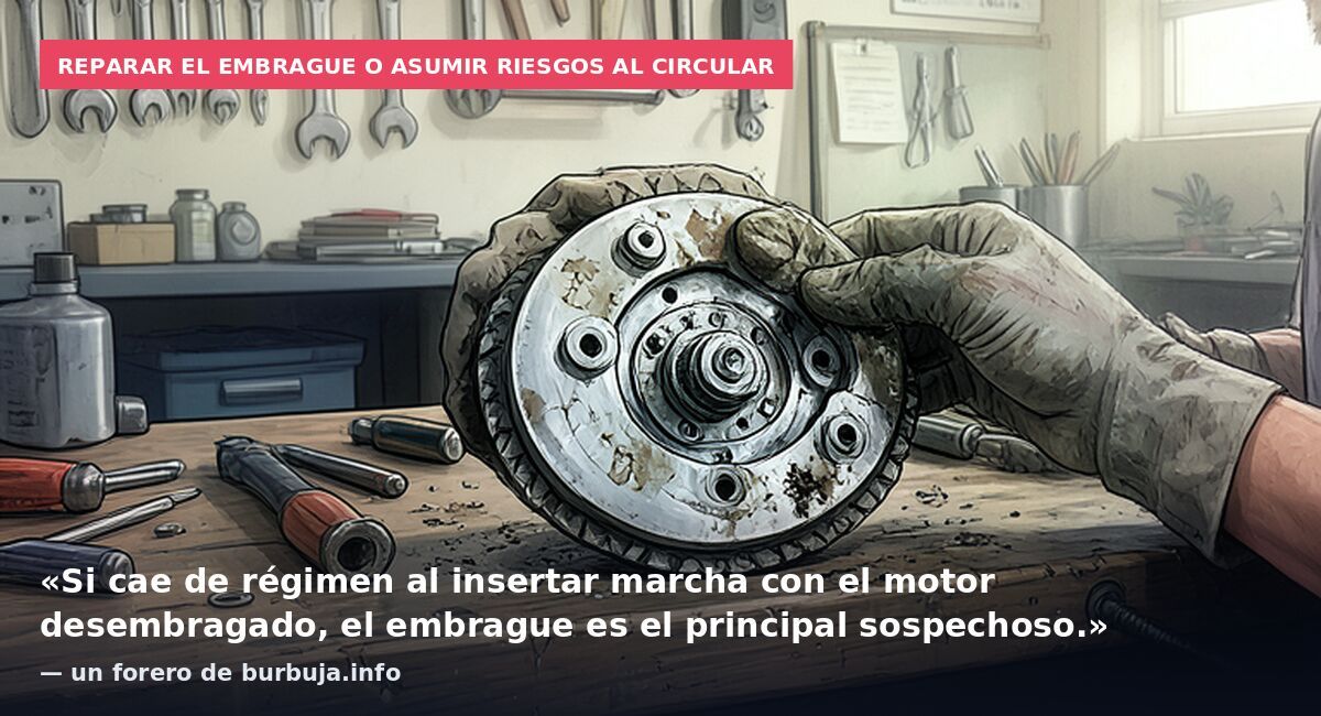 Reparar el embrague o asumir riesgos al circular: «Si cae de régimen al insertar marcha con el motor desembragado, el embrague es el principal sospechoso.» — un forero de burbuja.info