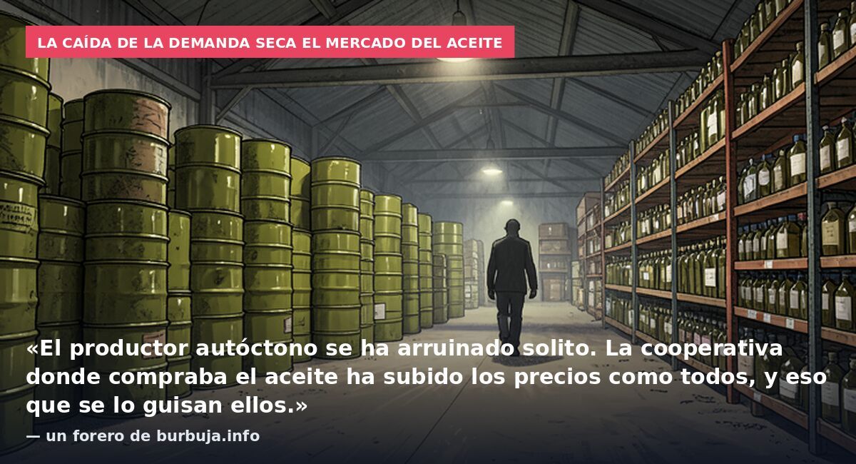 La caída de la demanda seca el mercado del aceite: «El productor autóctono se ha arruinado solito. La cooperativa donde compraba el aceite ha subido los precios como todos, y eso que se lo guisan ellos.» — un forero de burbuja.info