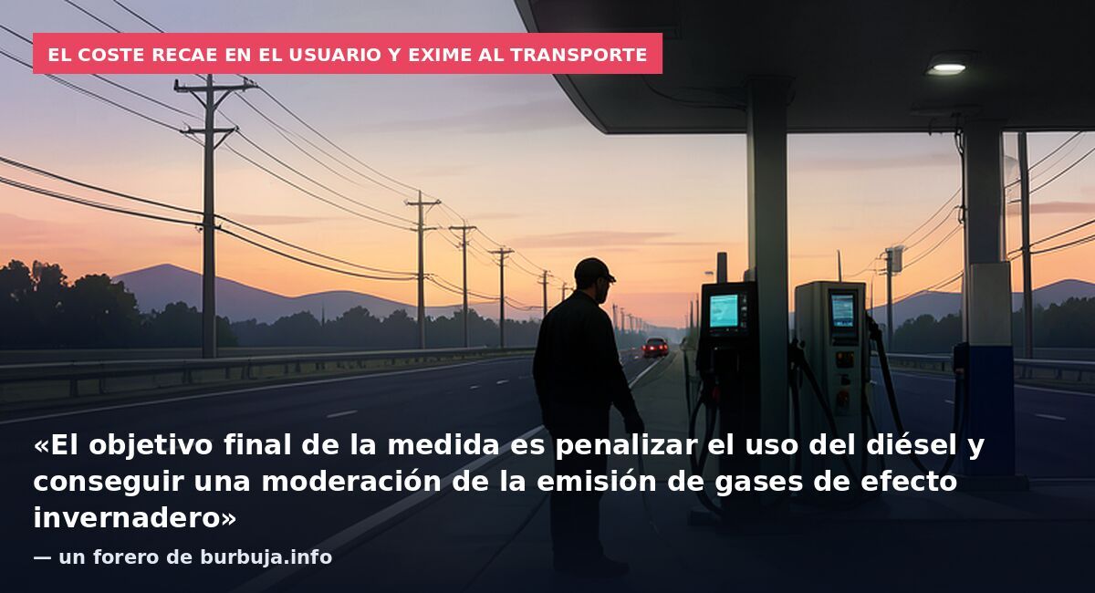 El coste recae en el usuario y exime al transporte: «El objetivo final de la medida es penalizar el uso del diésel y conseguir una moderación de la emisión de gases de efecto invernadero» — un forero de burbuja.info