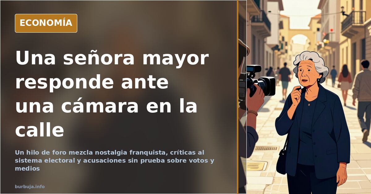Ilustración editorial de una entrevista callejera con micrófono y una mujer mayor respondiendo ante una cámara de televisión