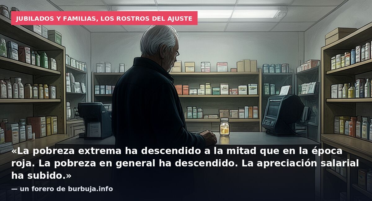 Jubilados y familias, los rostros del ajuste: «La pobreza extrema ha descendido a la mitad que en la época roja. La pobreza en general ha descendido. La apreciación salarial ha subido.» — un forero de burbuja.info