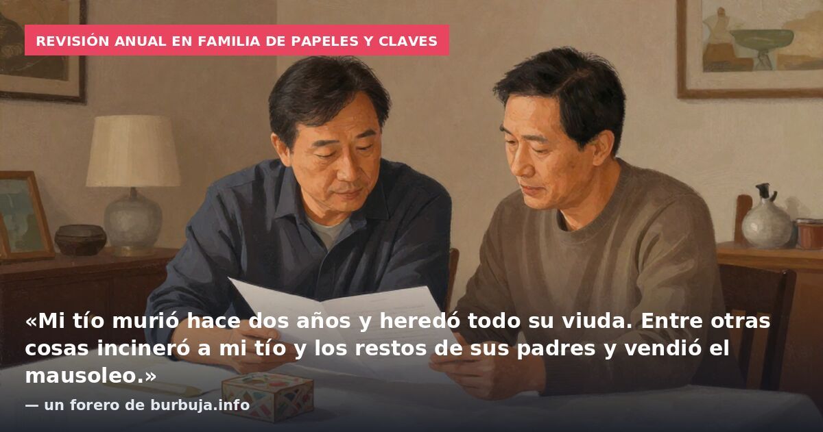 Revisión anual en familia de papeles y claves: «Mi tío murió hace dos años y heredó todo su viuda. Entre otras cosas incineró a mi tío y los restos de sus padres y vendió el mausoleo.» — un forero de burbuja.info