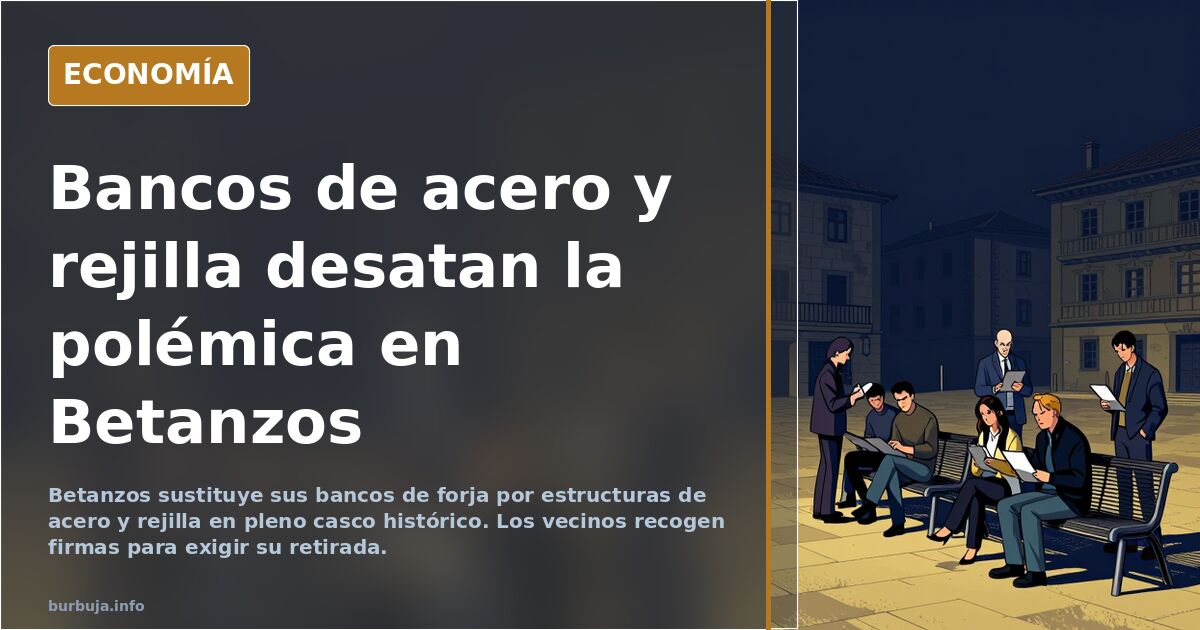 Bancos de acero y rejilla blanca sobre verde en la plaza de la Iglesia de Santiago de Betanzos, junto a edificios góticos