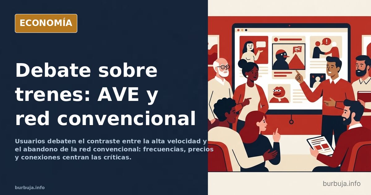Ilustración editorial de un tren de alta velocidad español y vías convencionales en un paisaje
