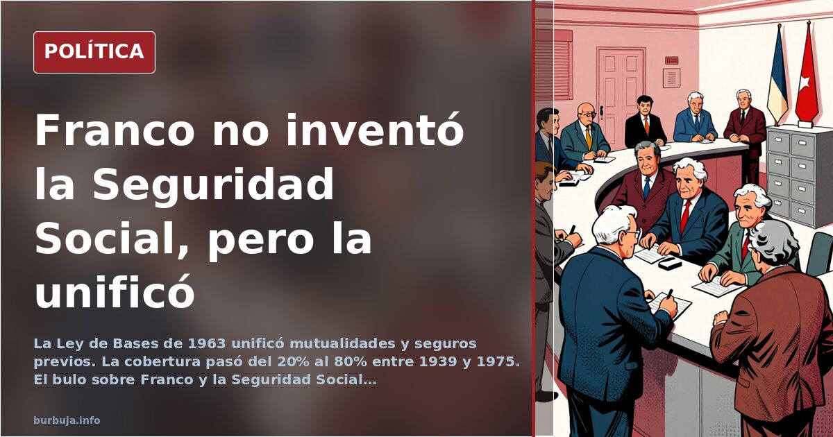 Ilustración editorial simbólica de un edificio de la Seguridad Social con una balanza y documentos históricos, en tonos rojos