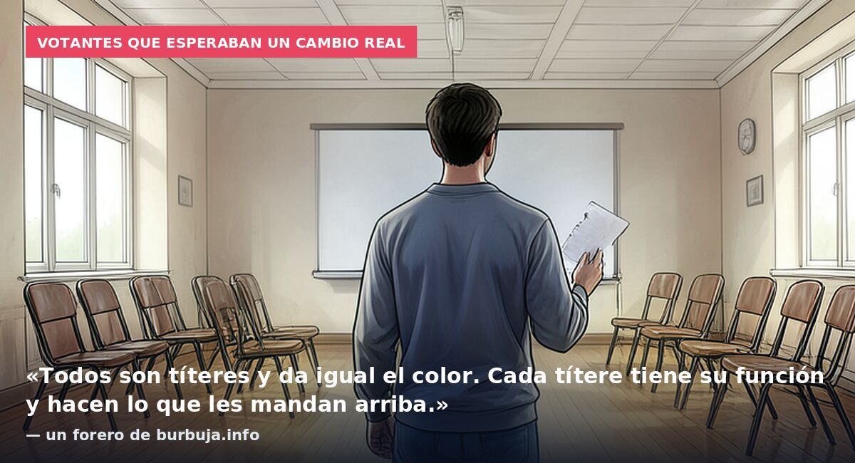Votantes que esperaban un cambio real: «Todos son títeres y da igual el color. Cada títere tiene su función y hacen lo que les mandan arriba.» — un forero de burbuja.info