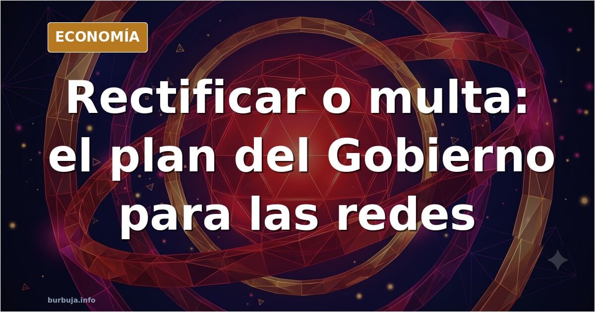 Ilustración editorial de una balanza inclinada con una pantalla de red social y un sello de rectificación